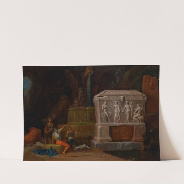 Soldiers resting near an antique sarcophagus with Apollo and Marsyas by Henry Ferguson