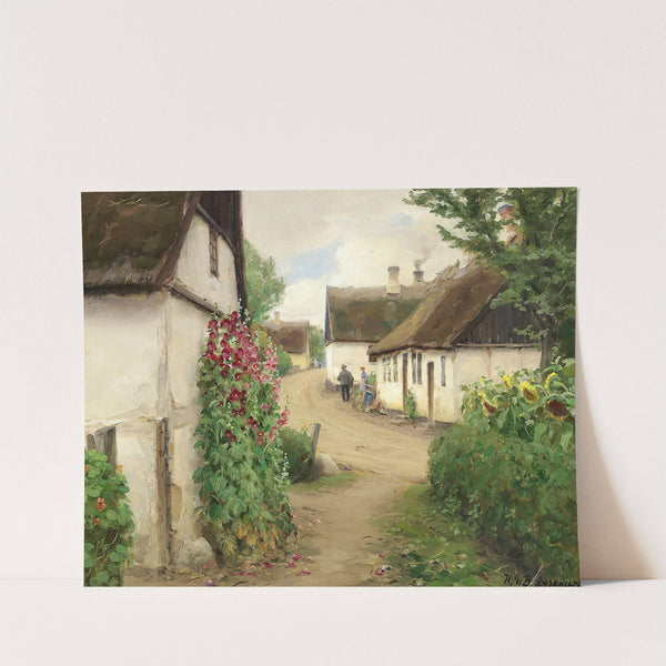 Sommerdag i en landsbygade med solsikker og røde stokroser by Hans Andersen Brendekilde