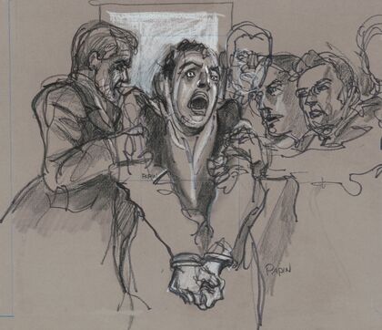 “Son of Sam” serial killer David Berkowitz, handcuffed and screaming, as guards remove him from the courtroom where he appeared on May 22, 1978, for sentencing