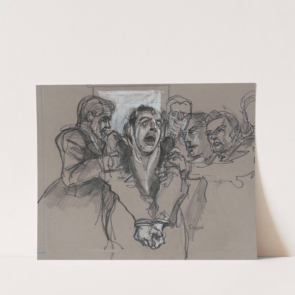 "Son of Sam" serial killer David Berkowitz, handcuffed and screaming, as guards remove him from the courtroom where he appeared on May 22, 1978, for sentencing by Joseph Papin