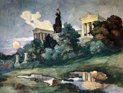 Sonnenuntergang an der Bavaria und Ruhmeshalle in München
