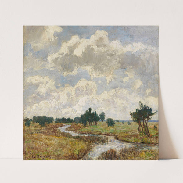 Sonnig-wolkiger Himmel über moorigen Wiesen mit Bachlauf (1886) by Paul Baum