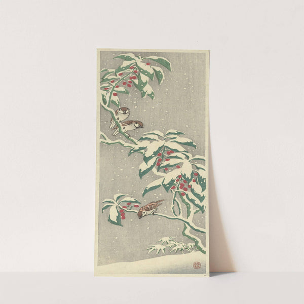 Sparrows on snowy currant bush by Ohara Koson