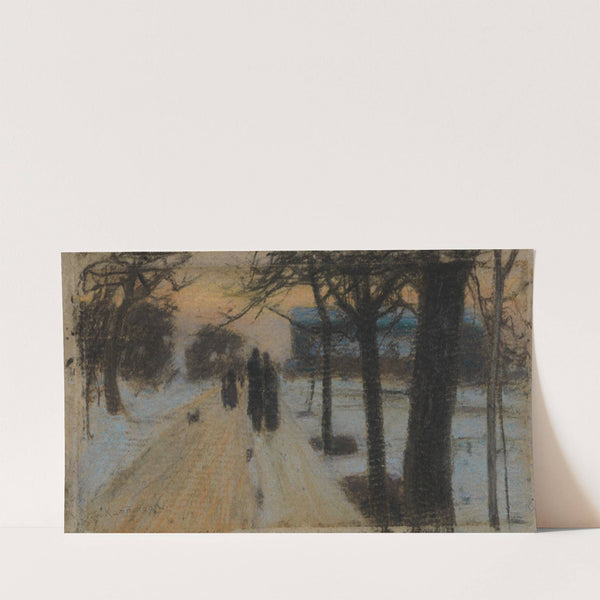 Spaziergänger auf schneebedeckter Strasse am Abend (1894) by Gustav Kampmann
