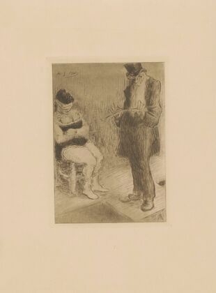 Spectacle – femme aux yeux bandés et homme en chapeau haut-de-forme tenant une badine (1895)