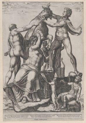 Speculum Romanae Magnificentiae- Amphion and Zethus Tying Dirce to a Wild Bull -The Farnese Bull (1581)