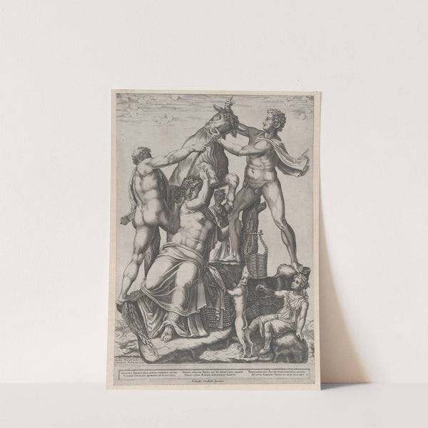 Speculum Romanae Magnificentiae- Amphion and Zethus Tying Dirce to a Wild Bull -The Farnese Bull (1581) by Diana Scultori