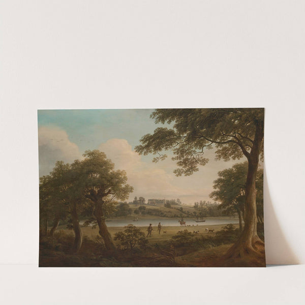 Sportsmen in a wooded river landscape, a country house beyond by William Ashford