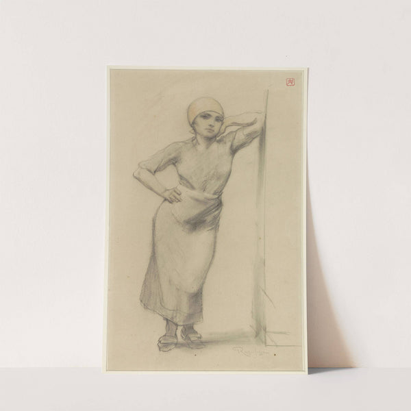 Staand fabrieksmeisje tegen de post van een deur leunend by Armand Rassenfosse