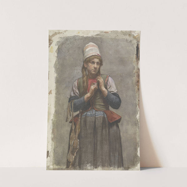 Staand meisje in klederdracht met schaatsen by Jan Veth