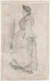 Staande vrouw met mand in haar hand