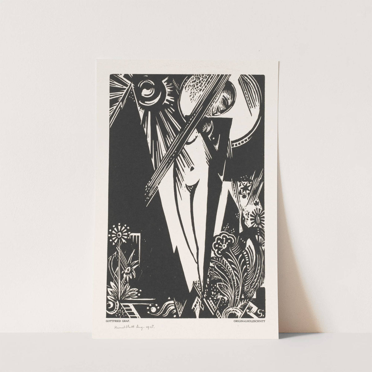 Staande vrouw, zon, maan en bloemen by Gottfried Graf
