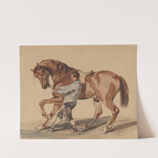 Stableman with a chestnut horse by Piotr Michałowski