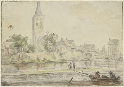 Stadt am Wasser mit Kirche, rechts ein Turm, vorne Kahn mit zwei Personen
