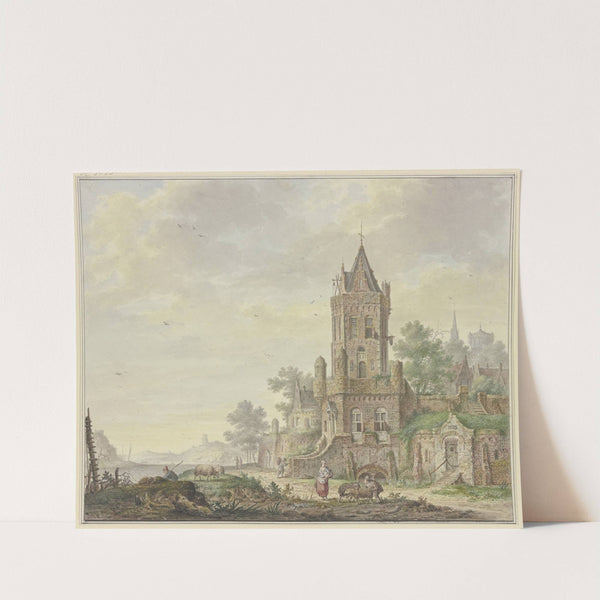 Stadt mit einem alten Turm am Wasser, vorne eine Frau bei einem Knaben mit zwei Schafen by Pieter Bartholomeusz. Barbiers