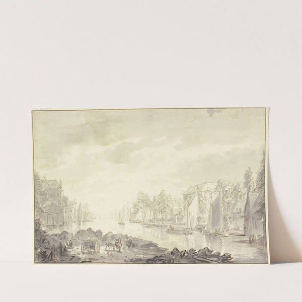 Stadtansicht am Fluss, vorne ein Wagen und Pferde by Abraham Rademaker