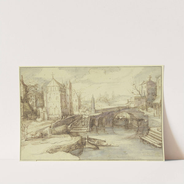 Stadtansicht mit einer Brücke, unter welcher ein Schiff durchfährt, dabei eine Treppe, die eine Frau mit einem Korbe hinaufsteigt by Cornelis Claesz. van Wieringen