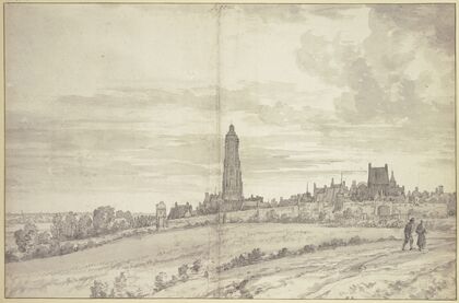 Stadtansicht mit einer Kathedrale und langer Stadtmauer