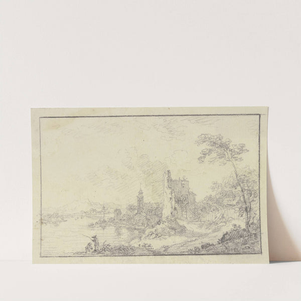 Städtchen an einem Fluß mit der Ruine eines Torturmes by Franz Schütz