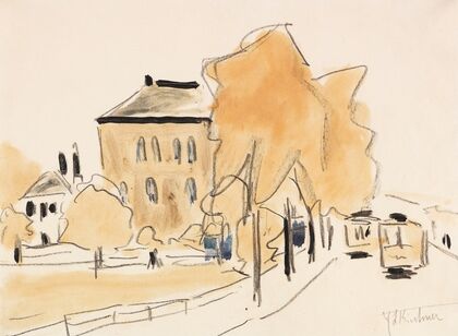 Stadtlandschaft mit zwei Straßenbahnen (Strassenbahn. Berlinerstrasse in Dresden) (1909-1911)