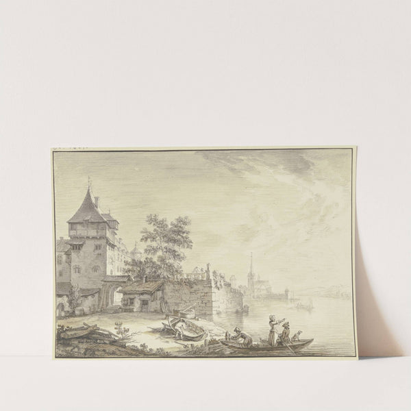 Stadttor bei einem Turm am Wasser (Oestrich), vorne ein Kahn mit drei Personen und einem Hund by Christian Georg Schütz the elder