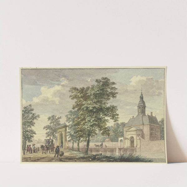 Stadttor mit Türmchen im Sommer, eine lange Brücke führt über den Kanal nach einer Allee, in der eine Equipage fährt by Hermanus Numan