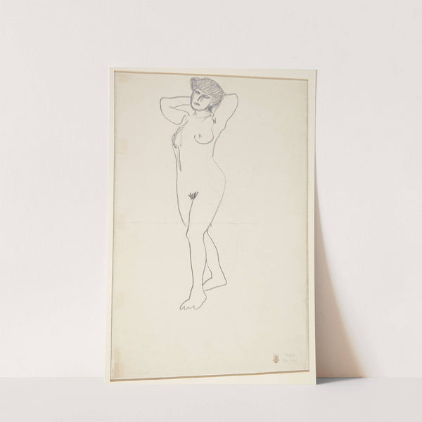 Stående kvindelig model med hænderne bag nakken by Harald Giersing