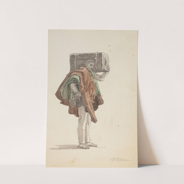 Stående mand der bærer på en overfrakke og en kuffert by Martinus Rørbye