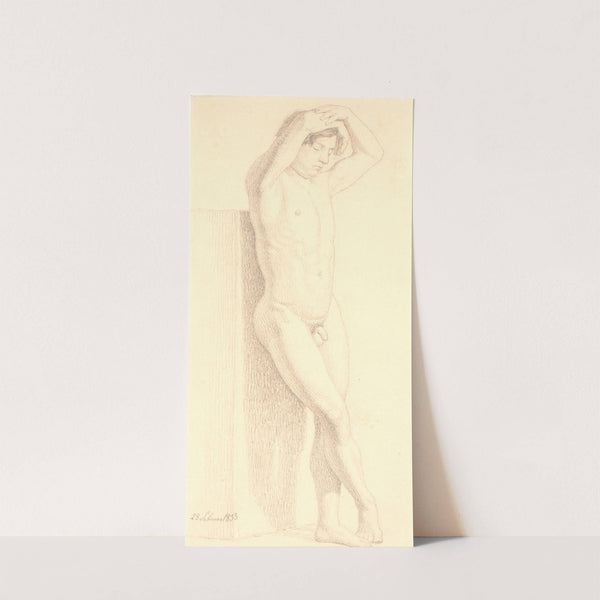 Stående mandlig model med armene samlet over hovedet. Vendt mod højre by Christen Købke