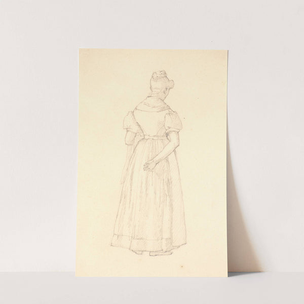 Stående ung pige med hånden på ryggen, set skråt bagfra. by Christen Købke