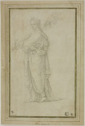 Standing Draped Female Figure Carrying Trumpet, Flowers