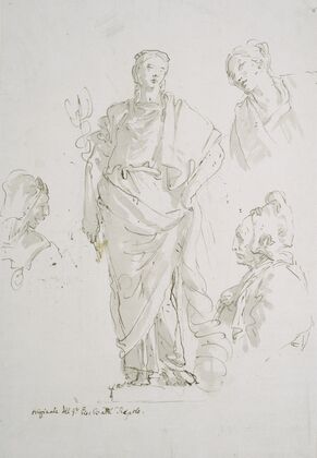 Standing female figure on a pedestal and three studies of heads