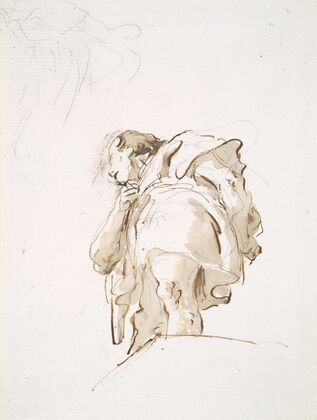 Standing male figure seen obliquely from below