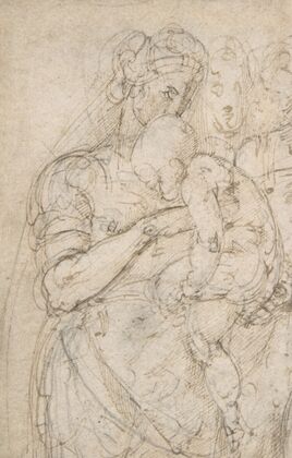 Standing Virgin with Child, Two Heads at Upper Right