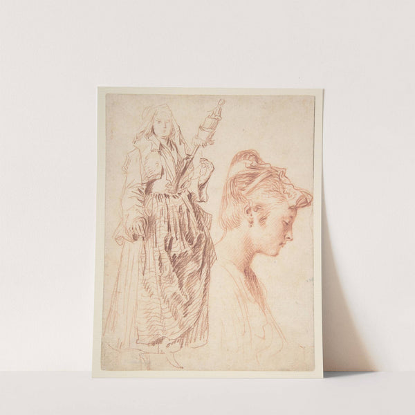 Standing Woman Holding a Spindle, and Head of a Woman in Profile to Right by Jean-Antoine Watteau