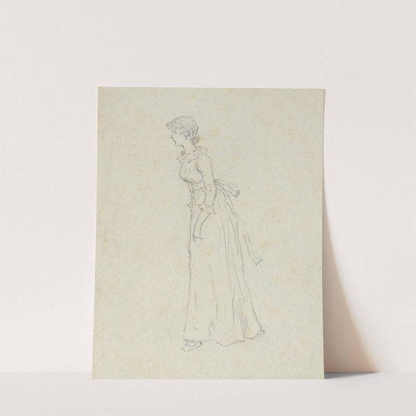 Standing young woman in Victorian attire, seen in profile by Kate Greenaway