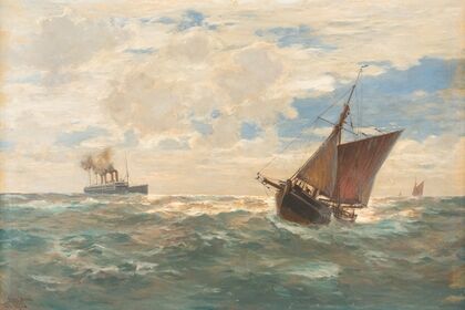 Steamer and sailing boats on open sea