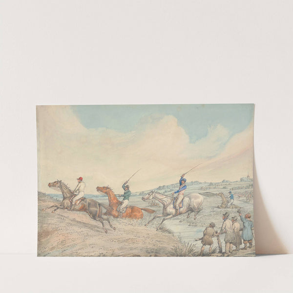 Steeplechasing; Three Riders Taking a Brook, Spectators on Right by Henry Thomas Alken