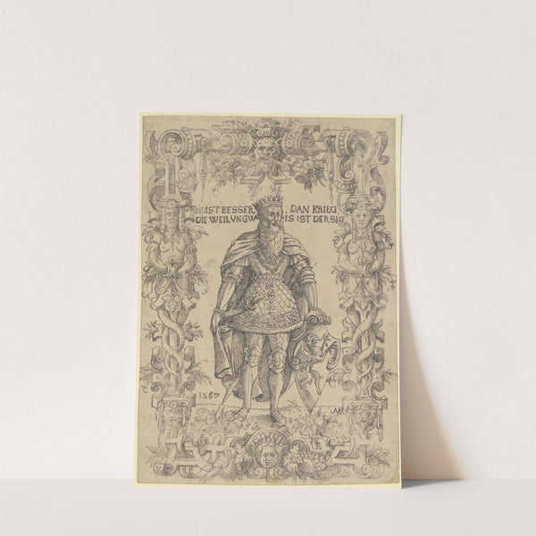 Stehender König, der sich mit der Linken auf ein Greifenwappen stützt by Michel Kirmer