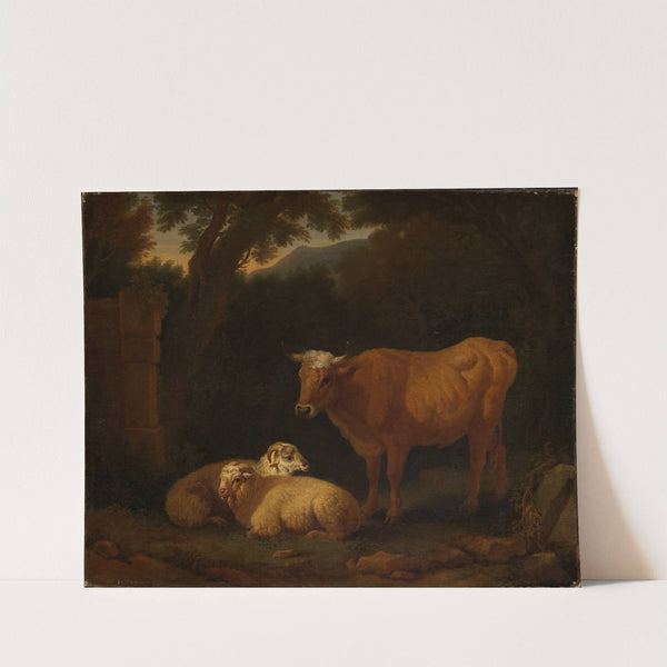 Stehendes Rind und zwei liegende Schafe in Waldlandschaft by Simon van der Does