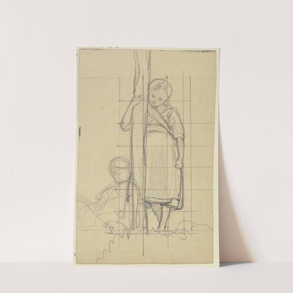 Stehendes und sitzendes Mädchen an einen Stamm gelehnt by Philipp Rumpf