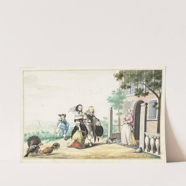 Stel begroet een dame bij de deur van een landhuis by Gesina ter Borch