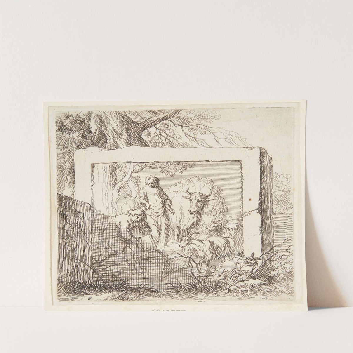 Stenblok med et basrelief forestillende en hyrde, der hælder vand i et trug by Nicolaes Pietersz. Berchem