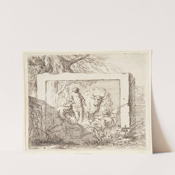 Stenblok med et basrelief forestillende en hyrde, der hælder vand i et trug by Nicolaes Pietersz. Berchem