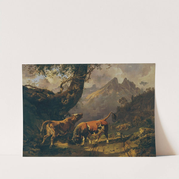 Stier, eine Kuh verfolgend, im Hintergrund Landschaft bei Carrara by Johann Nepomuk Rauch
