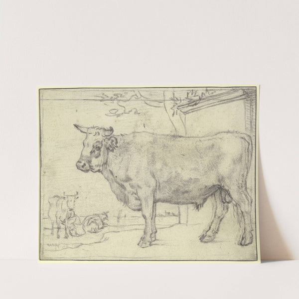 Stier nach links, hinten zwei Kühe und eine Melkerin by Paulus Potter