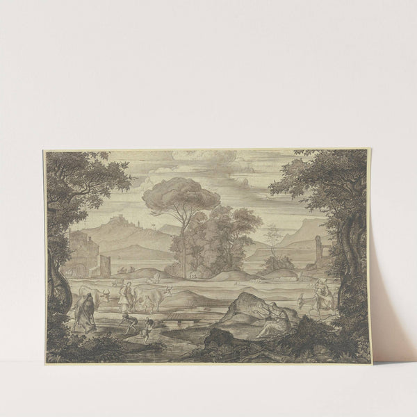 Stilisierte italienische Landschaft mit Figuren und Vieh, im Vordergrund eine Frau mit Spinnrocken by Franz Theobald Horny