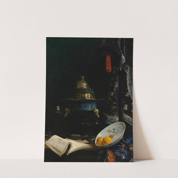 Still Life Featuring An 18th Century Chinese Censer, Porcelain Enameled Dish And Qing Dynasty Courtier's Hat by E.A. Baron Deslandes