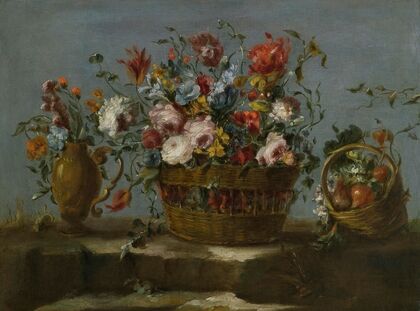 Still Life Of A Basket Of Flowers On A Rock Ledge,