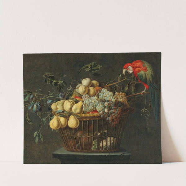 Still life of a basket of fruit with a parrot by Adriaen van Utrecht